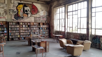 Poster - A dilapidated library with shelves of books, graffiti, and worn furniture.