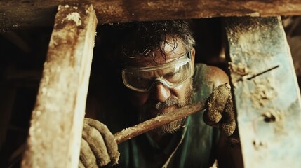 Poster - A Man Works Beneath Wooden Beams Using A Tool