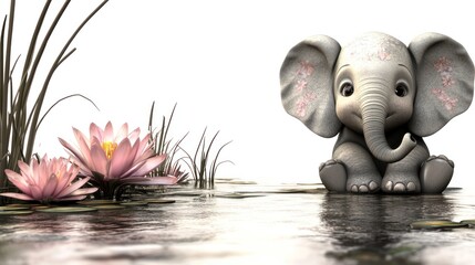 Poster - A cute cartoon elephant sitting beside pink lotus flowers in a serene water setting.