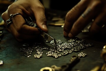 Aufkleber - Close-up of hands working with metal flower shapes on a textured surface.