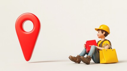 Poster - A cartoon character in a hard hat sits with books and a bag near a large location pin.