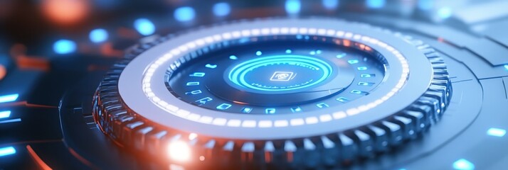 Fototapete - A futuristic circular interface with glowing elements, suggesting advanced technology functionality.