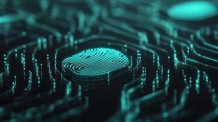Poster - Abstract digital representation of a fingerprint on a circuit-like background.