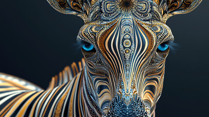 Poster - visually striking image: a zebra with golden and black decorative patterns and blue eyes, artistical