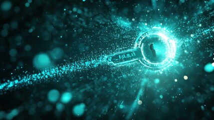 Poster - A glowing digital lock surrounded by particles, symbolizing cybersecurity and protection.