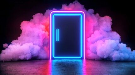 Poster - A 3D rendering of an abstract tunnel with an urban backdrop, illuminated by futuristic pink neon lights and featuring geometric structures, representing big data, quantum computing, data storage,