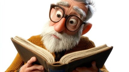 Poster - An elderly man with glasses reading a book, displaying curiosity and wonder.