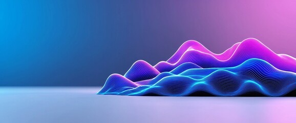 Poster - A 3D render of an abstract geometric background, depicting a virtual reality environment and a cyber space landscape with mountains, featuring a mesh surface illuminated by neon light.