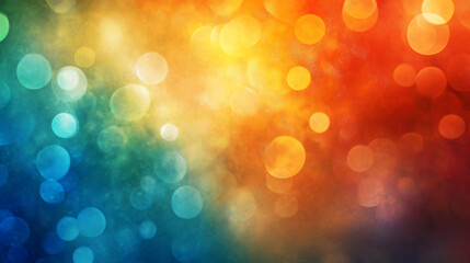 Poster - Abstract bokeh background with colorful circles blending red, orange, yellow, green, and blue hues, creating a vibrant and festive atmosphere