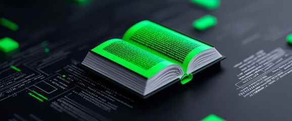 A luminous green book adorned with digital binary code symbolizes technology, cyber literature, and futuristic education in a high-tech, sci-fi environment.