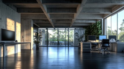 Aufkleber - Modern office space with large windows and greenery, designed for productivity.