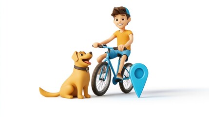 Poster - A cheerful boy on a bicycle with a dog and a location pin, symbolizing outdoor adventure.