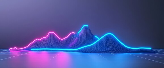 Poster - A 3D render of an abstract geometric background in a virtual reality environment, featuring a cyberspace landscape with mountains and a mesh surface illuminated by neon light.