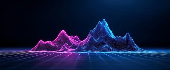 Poster - A 3D rendering featuring an abstract violet virtual reality background, showcasing a cyber space landscape with surreal mountains and neon wireframe terrain.
