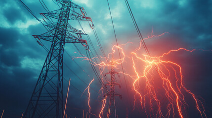Poster - Dramatic sky with red lightning striking a high voltage electric pylon during a powerful thunderstorm