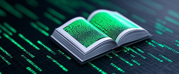 A radiant green book displaying digital binary code embodies technology, cyber literature, and advanced learning in a futuristic, science fiction environment.