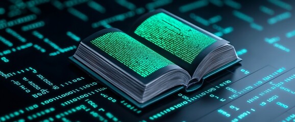 A luminous green book filled with digital binary code symbolizes technology, cyber literature, and futuristic education in a high-tech, sci-fi setting.
