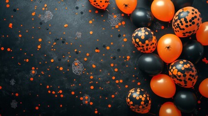 Poster - A festive arrangement of black and orange balloons on a textured surface, ideal for Halloween.