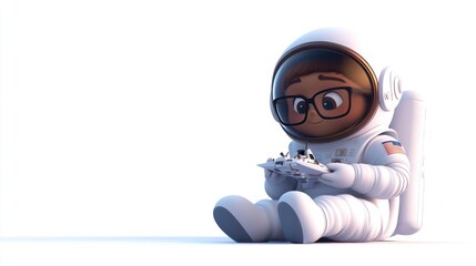 Poster - A cartoon astronaut with glasses plays a video game while sitting on the ground.