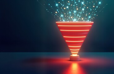 Aufkleber - Red neon funnel glows. Data flows into funnel base. Digital marketing concept. Bright light illuminates. Abstract tech design. Business process visualization. Sales funnel graphic. 3D render.