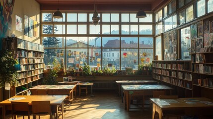 Aufkleber - A cozy library with large windows, bookshelves, and tables for reading and studying.