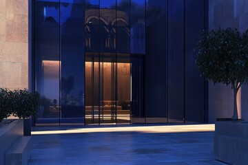 Poster - Modern architectural entrance with glass facade and ambient lighting.