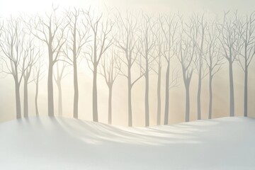 Poster - Delicate paper silhouettes depict a winter forest filled with bare trees, softly glowing in muted light against a snow-covered ground. Generative AI
