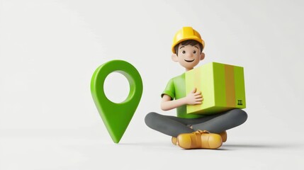 Aufkleber - A cartoon character in a hard hat holds a package next to a location pin symbol.
