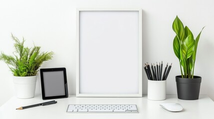 Poster - White Desk Minimalist Workspace With Plants And Frame