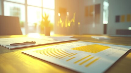 Aufkleber - A business workspace with documents and charts illuminated by sunlight.