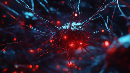 Poster - Observing virus infiltrating neurons, causing neurological disease. Microscopic view shows virus-nervous system interaction. Red glow adds urgency, highlighting health impact