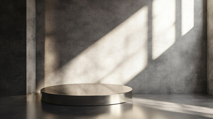 Aufkleber - Metallic podium in an empty concrete room with light rays coming from a large window, creating shadows on the wall
