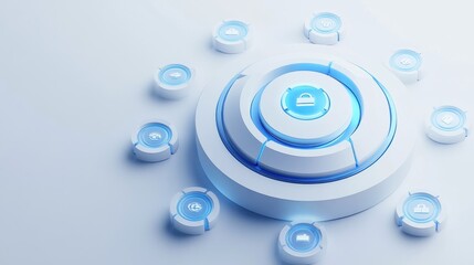 Fototapete - A futuristic interface with icons representing various services around a central button.