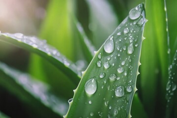 Close up of a green aloe vera leaf glistening with water droplets after rain