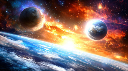 Fototapete - Planets rising over a blue planet's horizon, captured from space with colorful nebulae and stars in the background