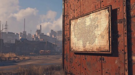 Poster - A weathered map on a rusty wall, overlooking an industrial landscape.