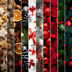 Wall Mural - Colorful abstract background with seasonal and winter stripes with plant, leaf, ball, cone, spice, sweets and gifts texture. Horizontal composition. Concept of Christmas, holiday and New Year.
