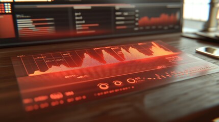 Fototapete - A futuristic display with data visualizations on a wooden surface.