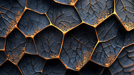 Poster - futuristic honeycomb created by golden veins forming hexagonal and polygonal shapes on a dark textur