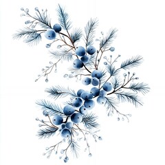 Canvas Print - Blue Berries and Green Pine Branches Create a Serene Winter Arrangement With Delicate Decorative Elements Capturing a Festive Atmosphere