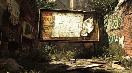 Poster - An abandoned urban area featuring a weathered billboard surrounded by overgrown vegetation.