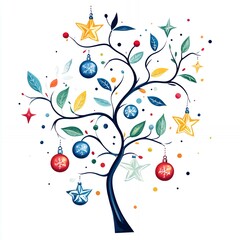 Canvas Print - Festive Decorative Tree Displaying Colorful Ornaments and Stars, Creating a Joyful Holiday Atmosphere