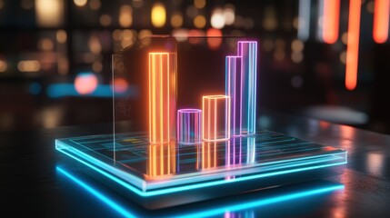 Poster - A glowing, modern bar chart displayed in neon colors on a reflective surface.
