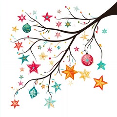 Canvas Print - Colorful Stars and Ornaments Hanging From a Whimsical Tree Branch During a Festive Celebration