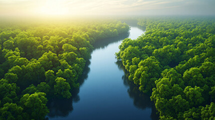 Poster - Aerial perspective of a clear river winding through a lush, vibrant forest, illuminated by the warm light of the setting sun