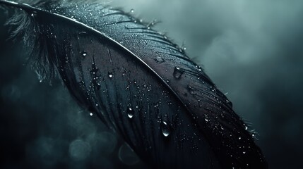 Leinwandbilder - A close-up of a dark feather adorned with water droplets, set against a misty background.