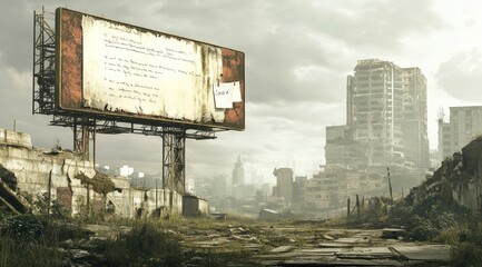 Poster - A desolate urban landscape featuring a dilapidated billboard amidst crumbling buildings.