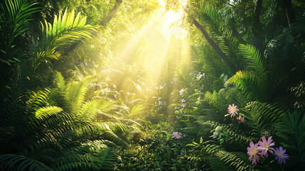 Poster - Sunbeams shining through the lush rainforest canopy, lighting up the vibrant ferns and flowers below