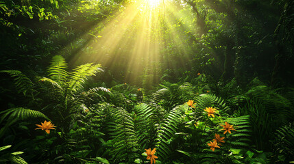 Poster - Bright sunbeams are illuminating lush green ferns and orange flowers growing in a tropical rainforest