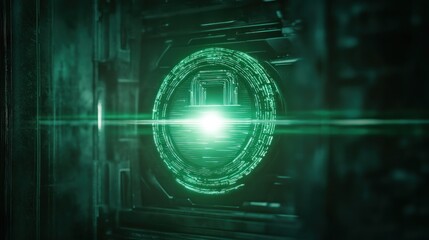 Poster - A glowing circular interface with a green light, suggesting advanced technology or a portal.